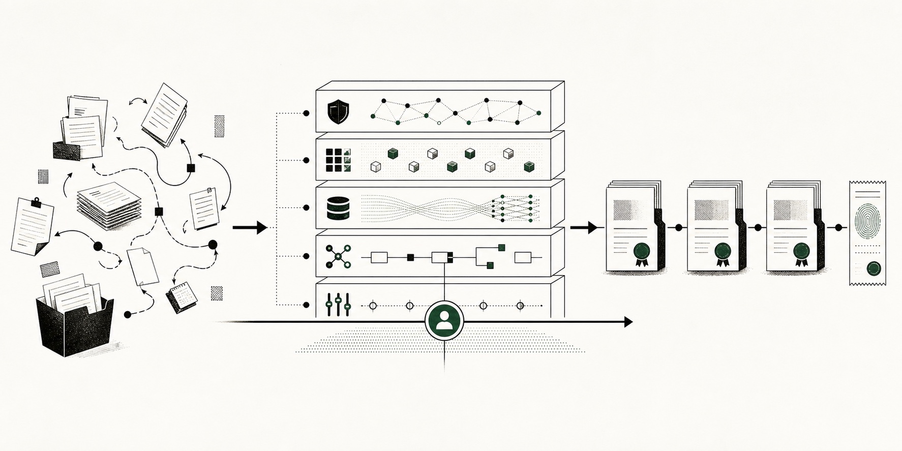 A fragmented manual document workflow passes through controlled system layers and a human approval gate before producing reviewable task receipts.